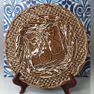 Majolica Plate by Winfred made in Portugal. Eggplant motif with basket weave rim